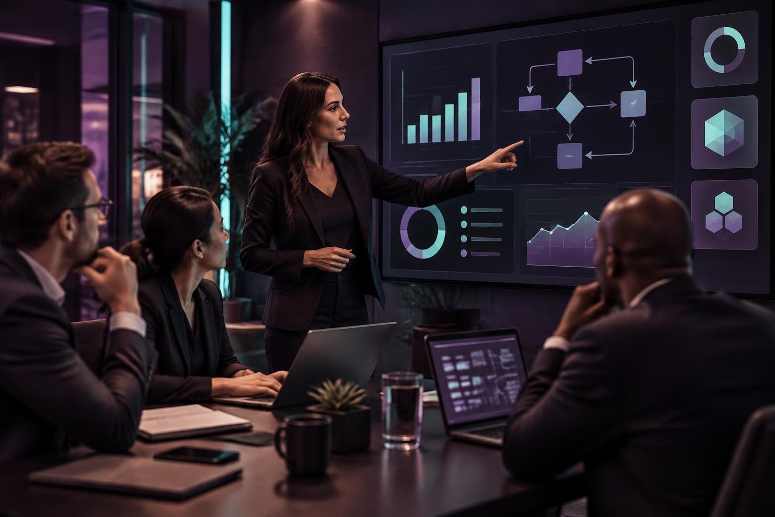 Team reviewing business processes on a large screen